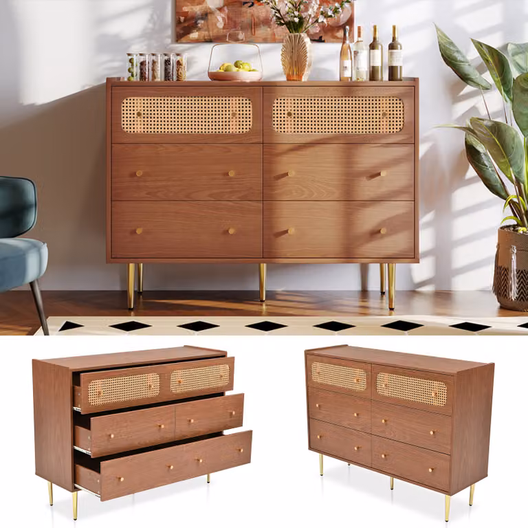 Sweiko cassettiera con 6 cassetti, credenza in rattan per camera da letto e tutti i soggiorni, noce -H90/B120/T40 cm