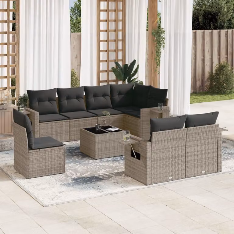 vidaXL Set Divano da Giardino 9 pz in Polyrattan Grigio con Cuscini e Tavolino