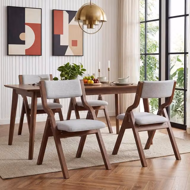 Set 4 Sedie da Pranzo Pieghevoli ¨C Minimal ¨C Grigio, Tessuto Lino, Gambe in Legno Massello, Stile Moderno