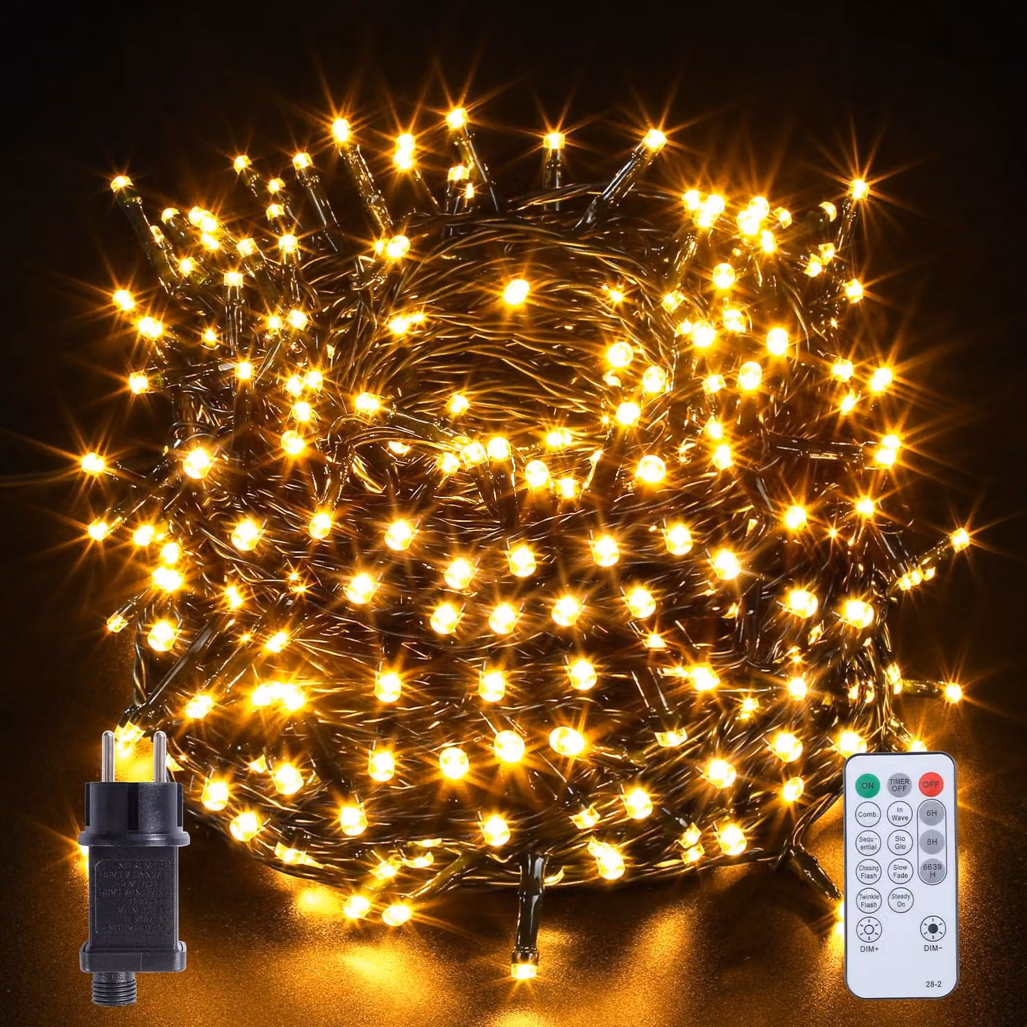 Catena luminosa con 400 LED, lunghezza 40 metri, luce bianca calda, grado di protezione IP44, 8 modalità