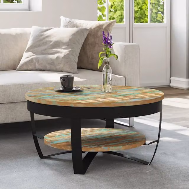 Tavolino da salotto rotondo vidaXL in legno massello multicolore stile industrial