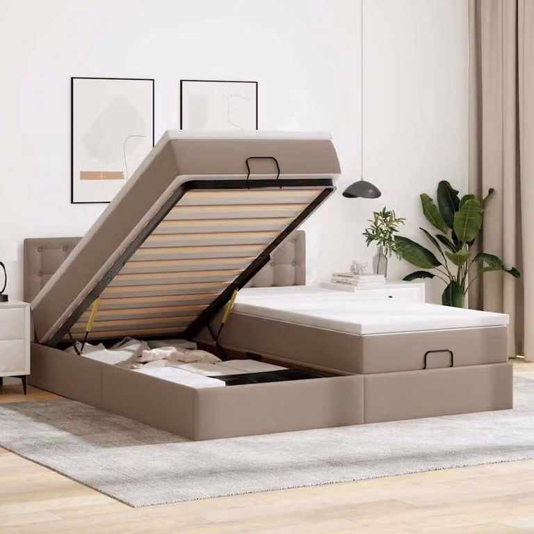 Letto con contenitore e materasso vidaXL in similpelle beige o marrone, L/P/H: 200 x 200 x 88 cm con base a sollevamento, illuminazione sottostante e porta di ricarica USB