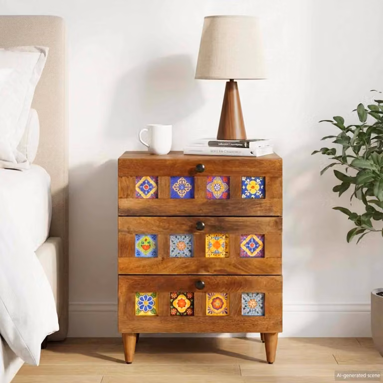 vidaXL Armadio da Notte Moderno in Legno di Mango Marrone L: 50 cm, P: 33 cm, H: 62 cm
