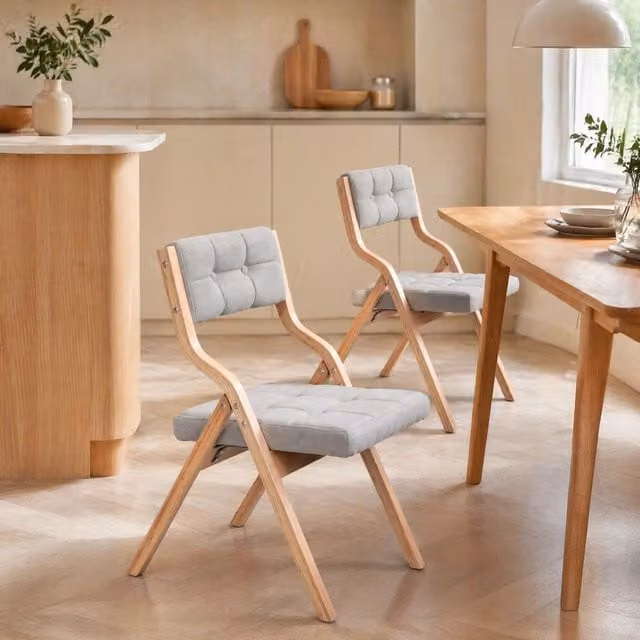 Set 2 sedie pieghevoli in legno grigie con seduta imbottita