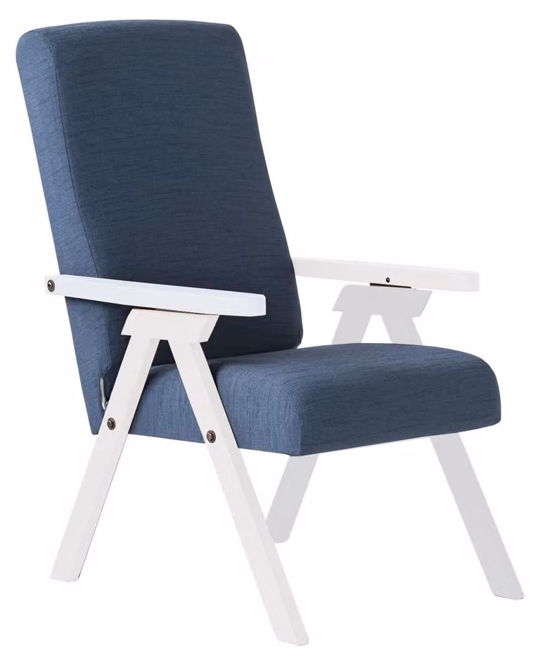 Poltrona relax in legno di faggio, rivestita in tessuto blu e bianco, con fodera removibile