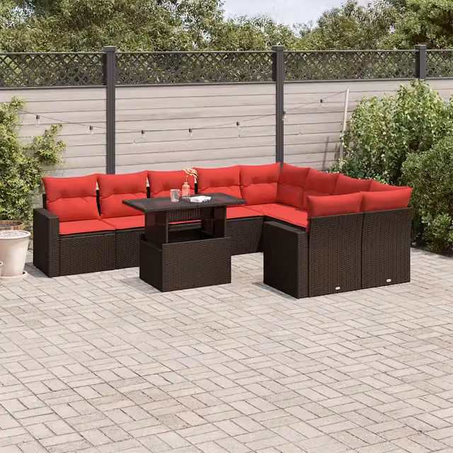 Set Divani da Giardino 10 pz con Cuscini Marrone in Polyrattan 3267504