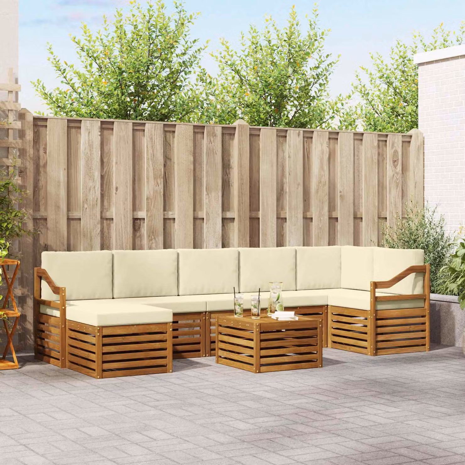 Set di divani da esterno vidaXL 8 pz in legno di acacia con cuscini, forma a L, colori beige e marrone