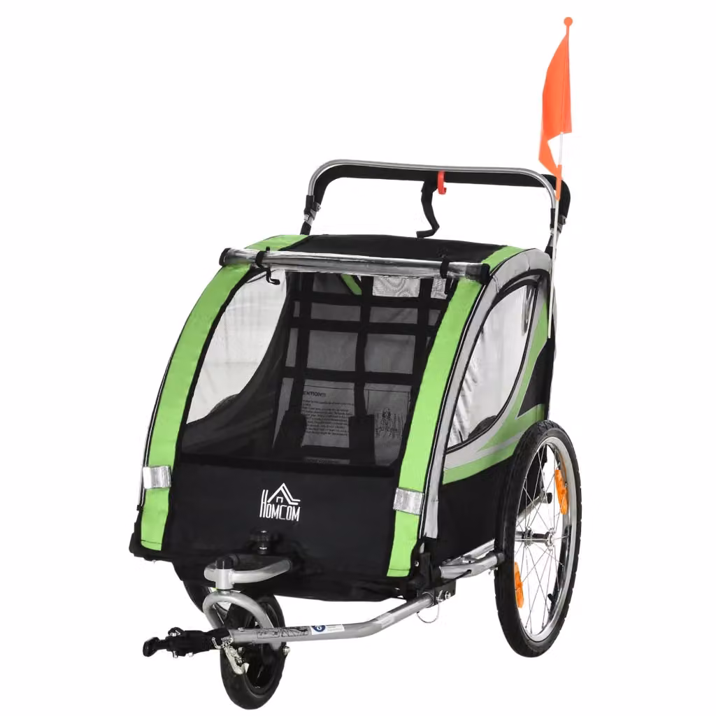 Rimorchio 2 in 1 per bambini e passeggino DESIGN IN, Verde, con elementi riflettenti e struttura in acciaio e tessuto – 2