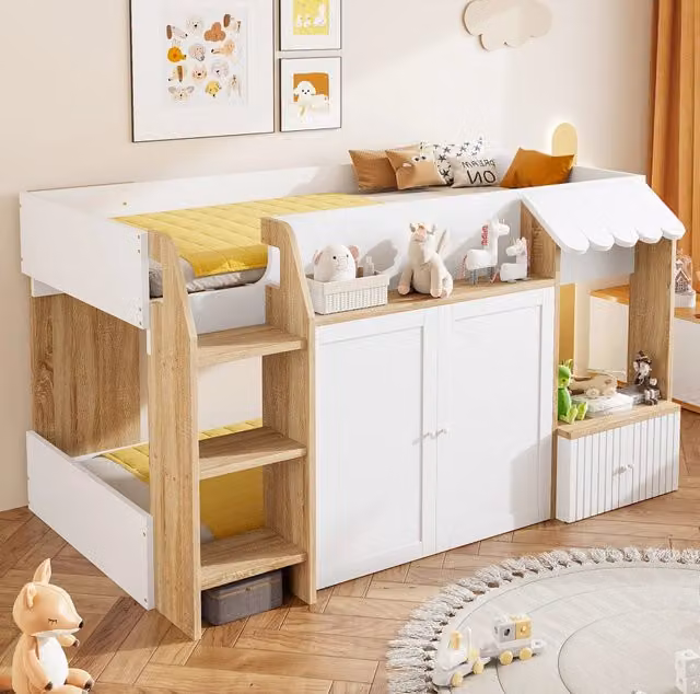 Letto a casetta 90x200 cm bianco e naturale in legno - con spazio contenitore