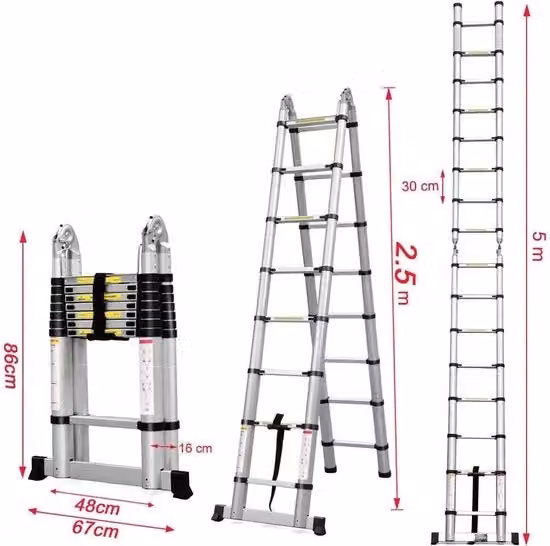 Scaldaia Telescopica con Angolo - Scala Telescopica con Angolo - Possibilità di Aumentare la Larghezza - 5.0 m di Altezza di Lavoro - Alluminio