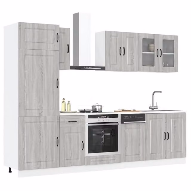 Set Mobili da Cucina Moderno vidaXL in MDF e Legno con Ante in Vetro, Grigio, 8 Pezzi, L/P/H: 207 x 57 x 80 cm