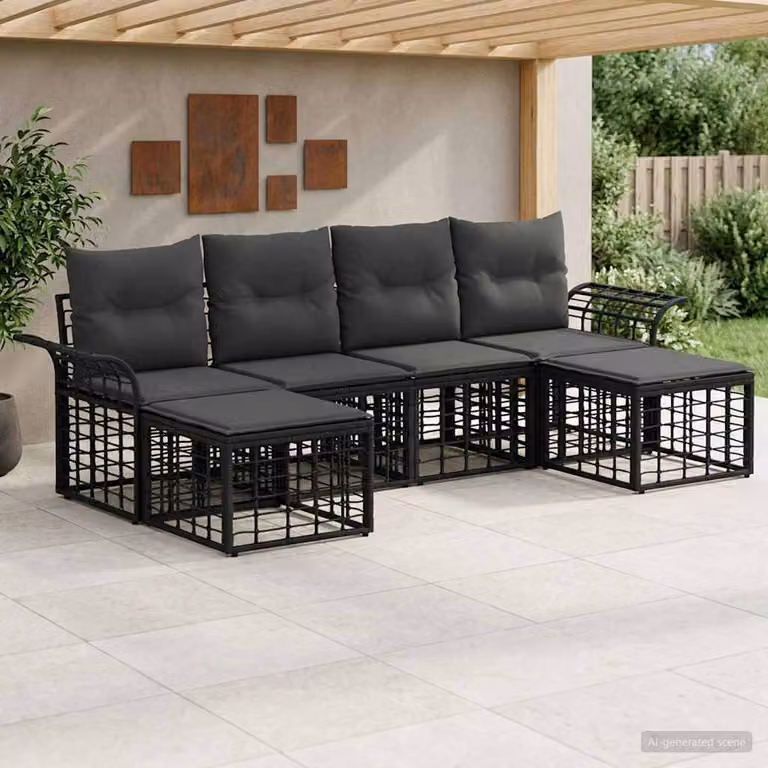 Set di divani da esterno vidaXL 6 pz a forma di L con cuscini, nero e grigio scuro, struttura in acciaio e tessuto resistente ai raggi UV