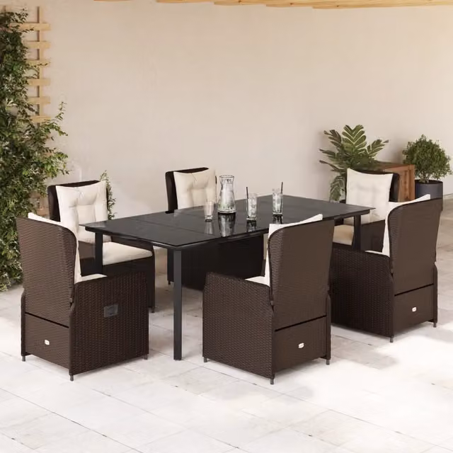 Set da pranzo da giardino vidaXL in polyrattan marrone con cuscini e tavolo in vetro, 7 pezzi