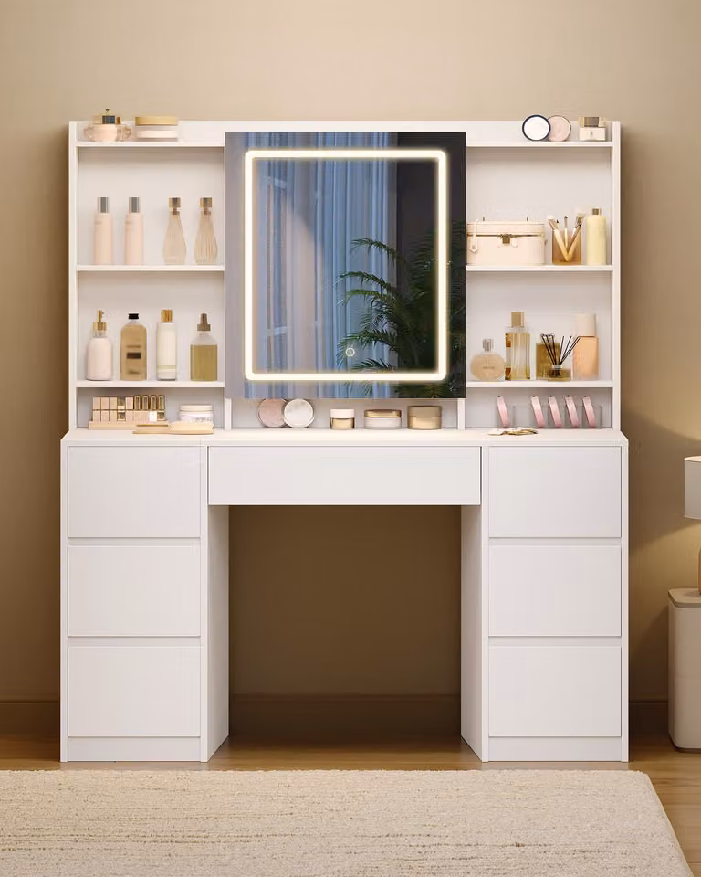 Scrivania da trucco con illuminazione - Bianca, con 7 cassetti - Realizzata in legno laminato - Design moderno e minimalista