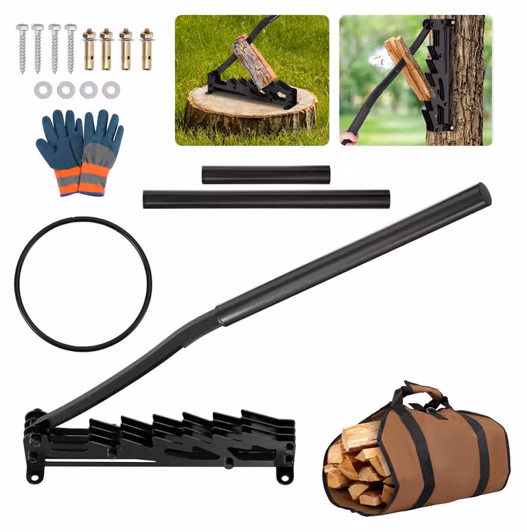 Spaccafuoco manuale in legno per legna da ardere, con manico estensibile removibile e accessori, da montare a parete, colore nero