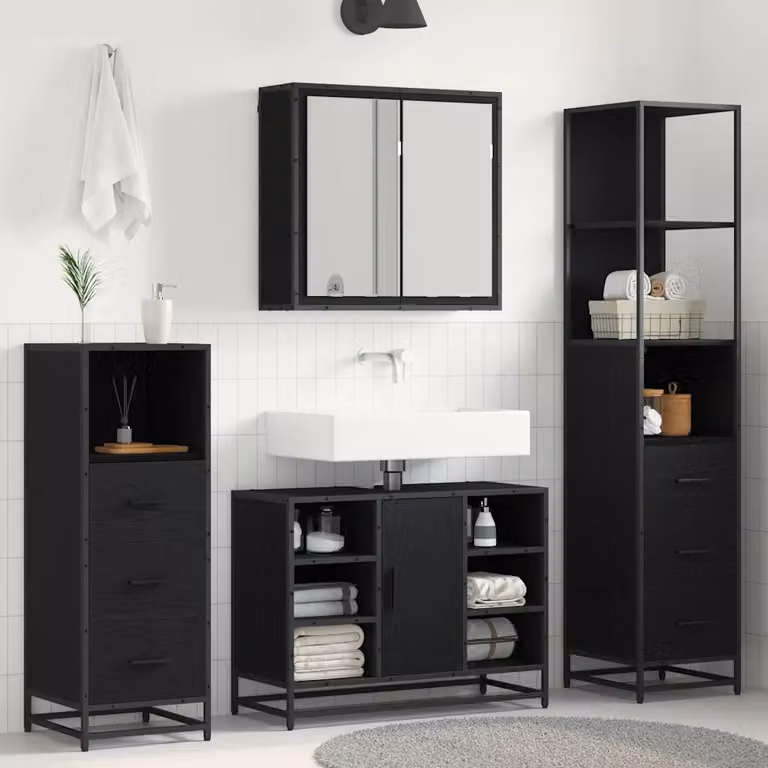 Set di mobili per il bagno vidaXL 3 pezzi in rovere e nero con armadietto a specchio, mobile lavabo e colonna alta L/P/H: 80 x 33 x 166 cm