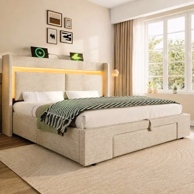 Letto contenitore 160x200 cm in lino beige con testiera, LED e USB, senza materasso