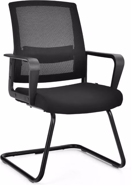 Sedia da conferenza ergonomica DESIGN IN con base a slitta, schienale in rete e sedile imbottito in tessuto nero con braccioli