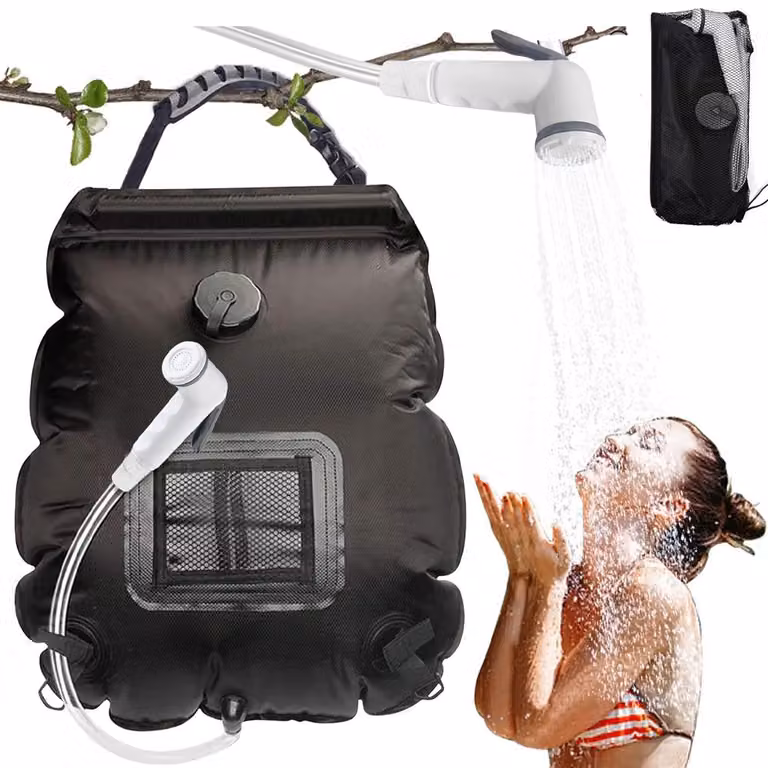 Doccia solare da 20 litri - Doccia da campeggio con soffione e termometro - Doccia solare per campeggio - Doccia da esterno - Ideale per campeggio e viaggi - Colore: nero