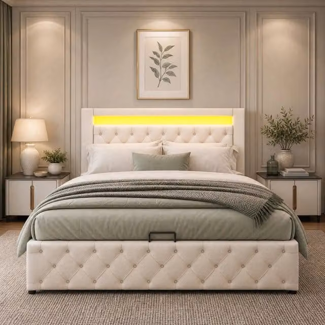 Letto imbottito 140x200 cm con contenitore; LED; rete a doghe; PU bianco