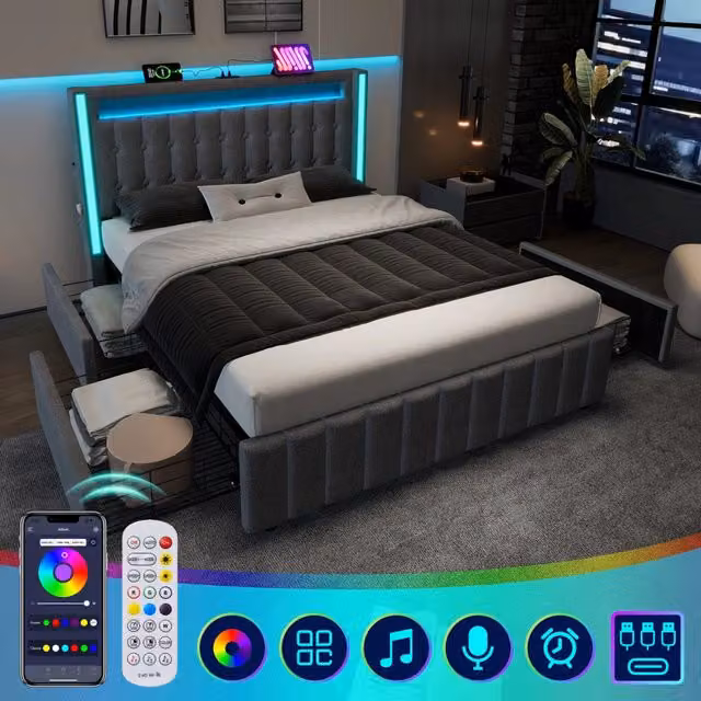 Letto matrimoniale 160×200 cm con 4 cassetti, USB e porta Tipo C, LED regolabile, senza materasso, lino grigio
