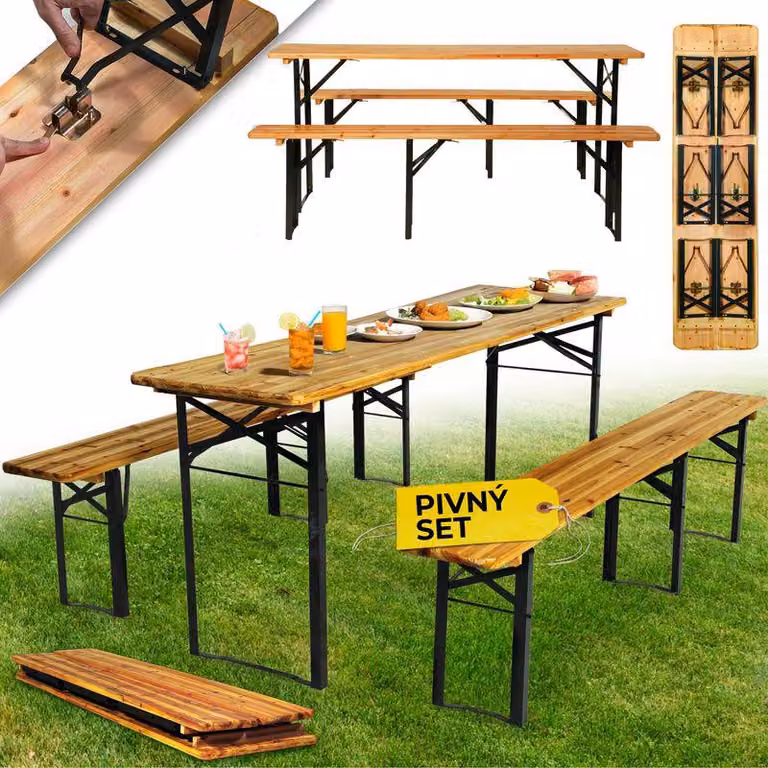 Set da birreria DORTMUND Standard3, tavolo 175x46x77 cm, 2x panca 175x23x47 cm, legno 25 mm