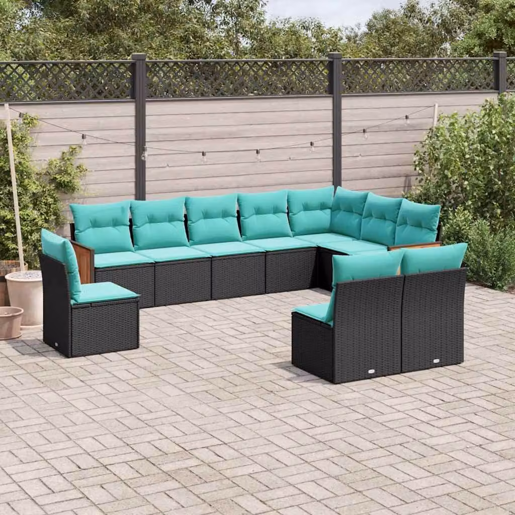 Set di divani da giardino vidaXL in polyrattan nero con cuscini, composizione a forma di U per esterno