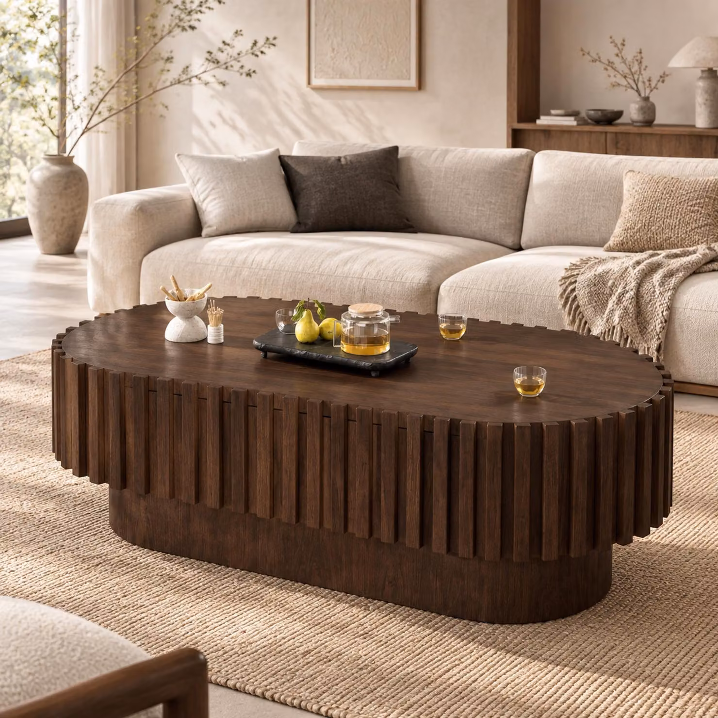 Tavolino ovale per soggiorno, con cassetto, design moderno, fronte decorata con lamelle, legno noce