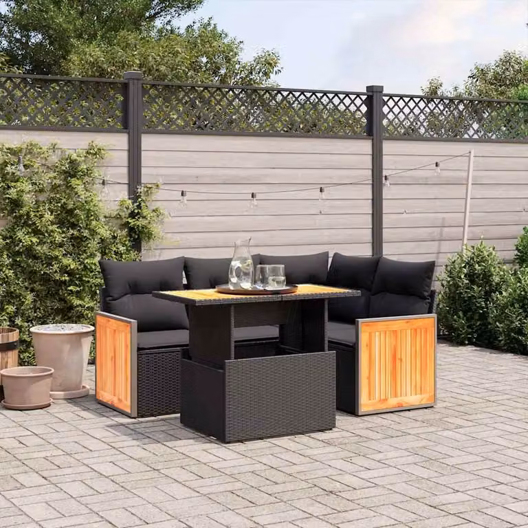 Set di divani da giardino vidaXL 5 pezzi in polyrattan nero con cuscini e tavolino da esterno a forma di L