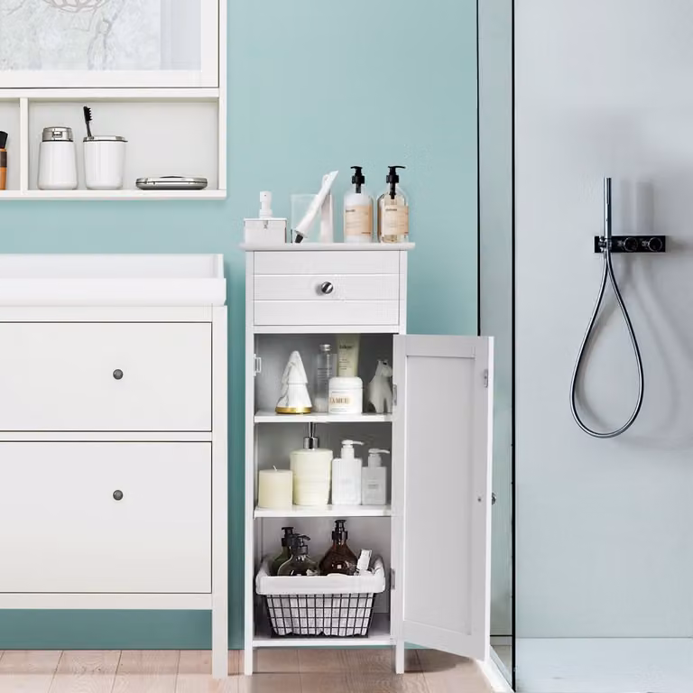 Armadio da bagno Costway con anta singola e 2 mensole regolabili, organizer verticale moderno in MDF bianco