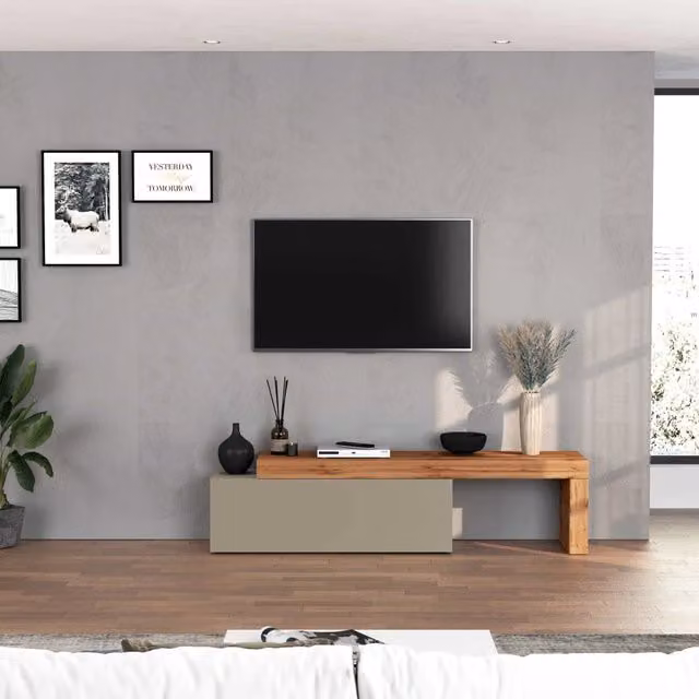 WHOUS Mobile porta tv Chronos estensibile con 1 anta a ribalta tortora/rovere 180/290x40x51 cm