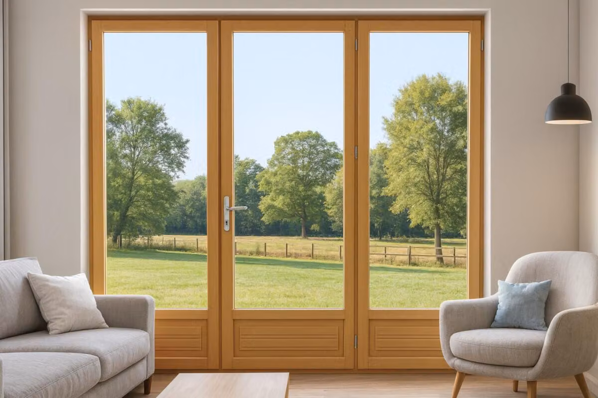 Porta finestra in legno a 3 ante H215 x L180 cm con cornice GD MENUISERIES