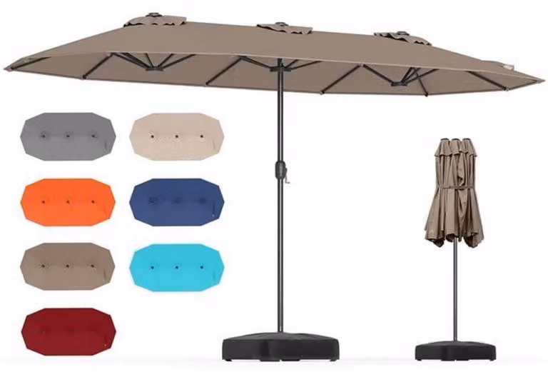Ombrellone doppio con base, 400 x 200 cm, XXL. Ombrellone per terrazza con manovella, protezione UV 30+, colore marrone
