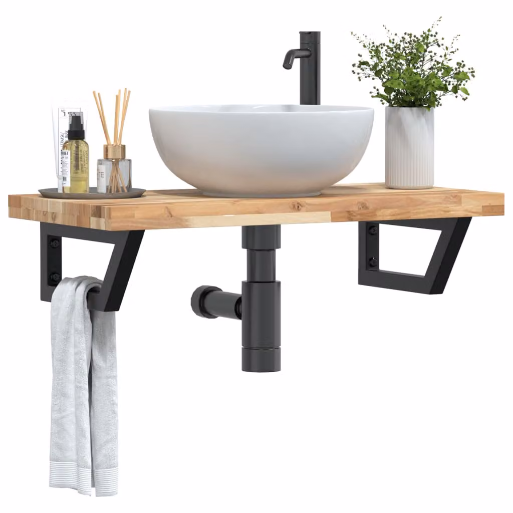 vidaXL Ripiano a Parete per Lavabo in Legno di Acacia e Metallo Nero e Marrone L: 100 cm, P: 40 cm, H: 19 cm