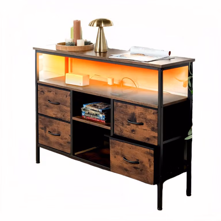 Comodino con illuminazione a LED, 4 cassetti, dimensioni 110x30x78 cm, 2 porte USB, 2 prese di corrente, legno, stile vintage