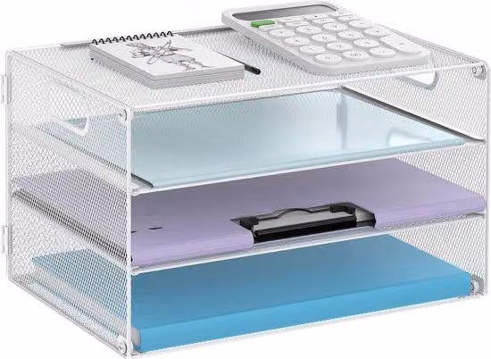 Portadocumenti a 3 scomparti, organizer per documenti con maniglia, organizer da ufficio per la scuola, modello classico, bianco, griglie metalliche