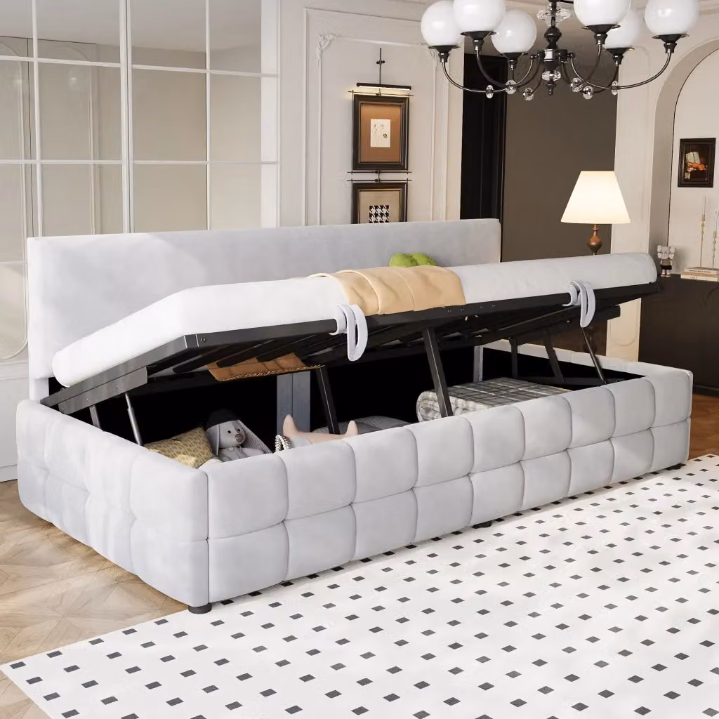Letto Contenitore REDOM in Velluto Grigio con Schienale, L/P/H: 90 x 200 x 151 cm – 2