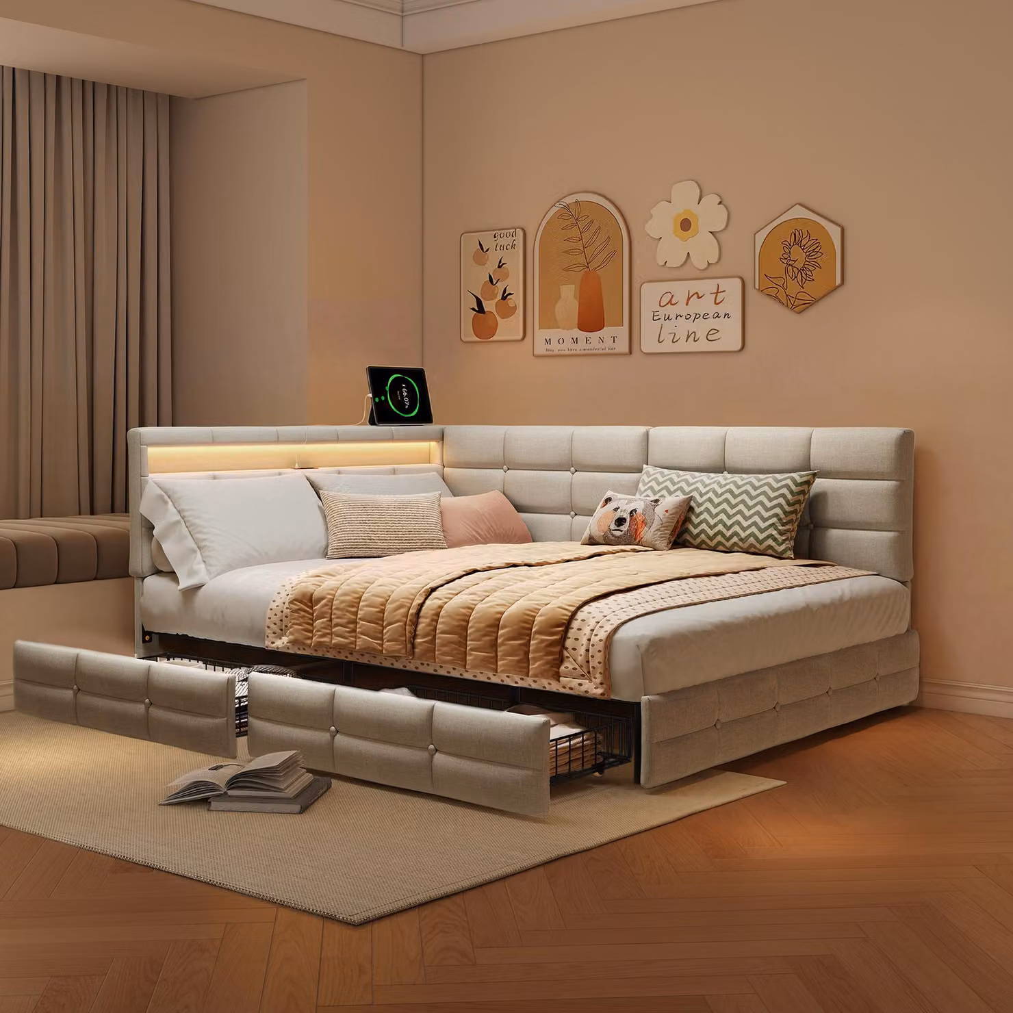 Letto imbottito ProximaX 140x200 cm beige con LED RGB e presa USB/Type-C, divano letto a L, letto matrimoniale con 2 cassetti portaoggetti, rivestimento in lino