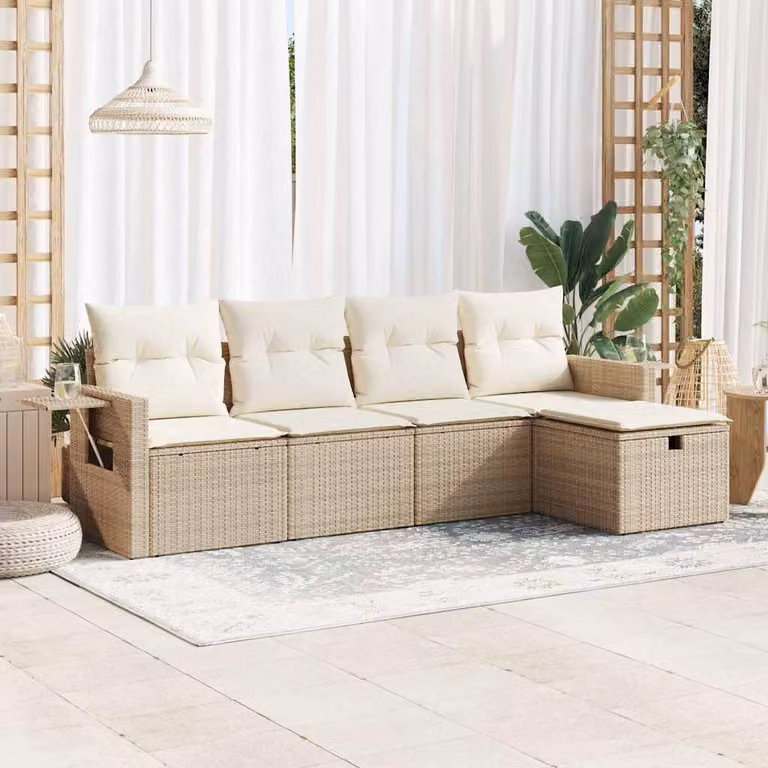 Set Divano da Giardino a L vidaXL in Polyrattan con Cuscini Beige e Struttura in Metallo