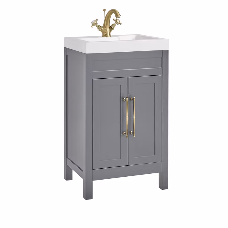 Mobile Bagno Grigio Chiaro da 500mm con Lavabo e Maniglia Classica con Barra a T in in Oro Satinato - Warwick