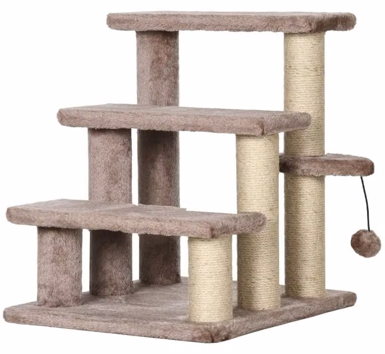 Scala per gatti con 4 gradini, palla giocattolo e tiragraffi | Colore: Marrone | Dimensioni: 40x45x48 cm