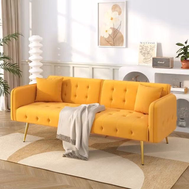 Divano letto MIVRAY a 2 posti in velluto giallo con schienale regolabile e cuscini inclusi, L: 215 cm, P: 81,5 cm, H: 41 cm