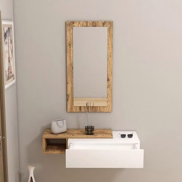 Mobile da ingresso DMORA con specchio in vetro e finitura rovere, L: 82 cm, P: 30 cm, H: 16 cm, Bianco e Marrone – 1