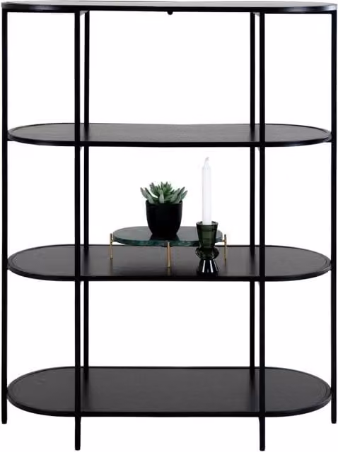 Libreria Vita ovale a 4 ripiani in nero con struttura in acciaio, 85×36×111 cm