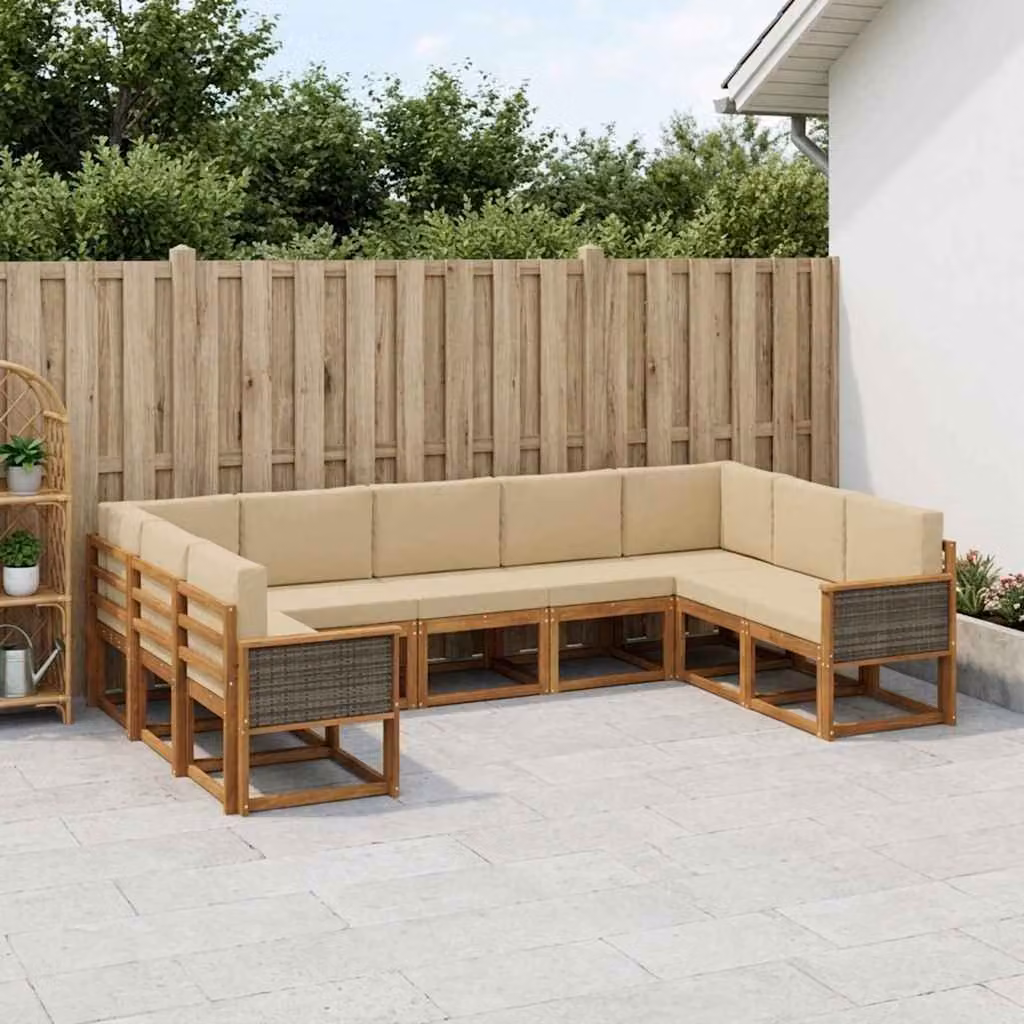 vidaXL Set di divani da giardino a L in legno di acacia con cuscini, 9 pezzi, Beige e Marrone