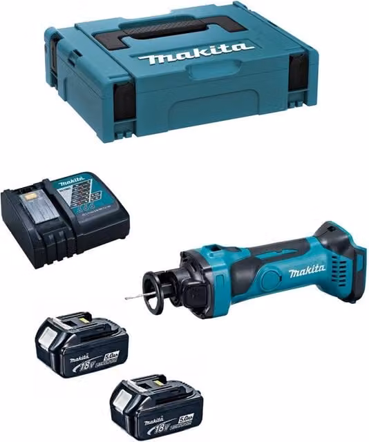 Rifilatore per cartongesso Makita DCO180RTJ con 2 batterie da 5,0 Ah, caricabatterie DC18RC e sistema di trasporto MAKPAC