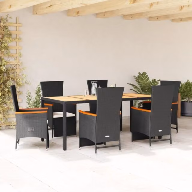 Set da Pranzo da Giardino vidaXL in Polyrattan e Legno di Acacia con 7 Sedute e Cuscini, Colore Nero, Marrone o Bianco