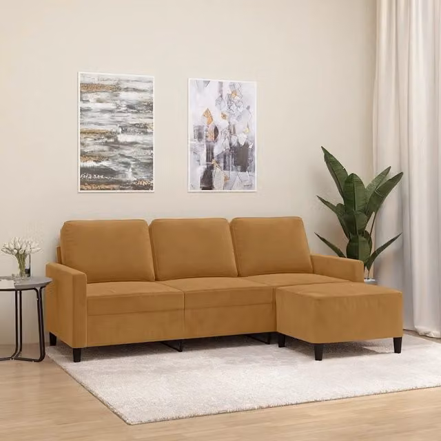 Divano a 3 Posti con Poggiapiedi-Sofa 3 Posti con Poggiapiedi Marrone 180 cm in Velluto 760164