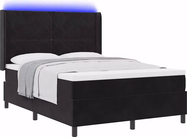 Letto contenitore con rete a molle e strisce LED, colore nero, dimensioni 160 x 200 cm, rivestito in velluto
