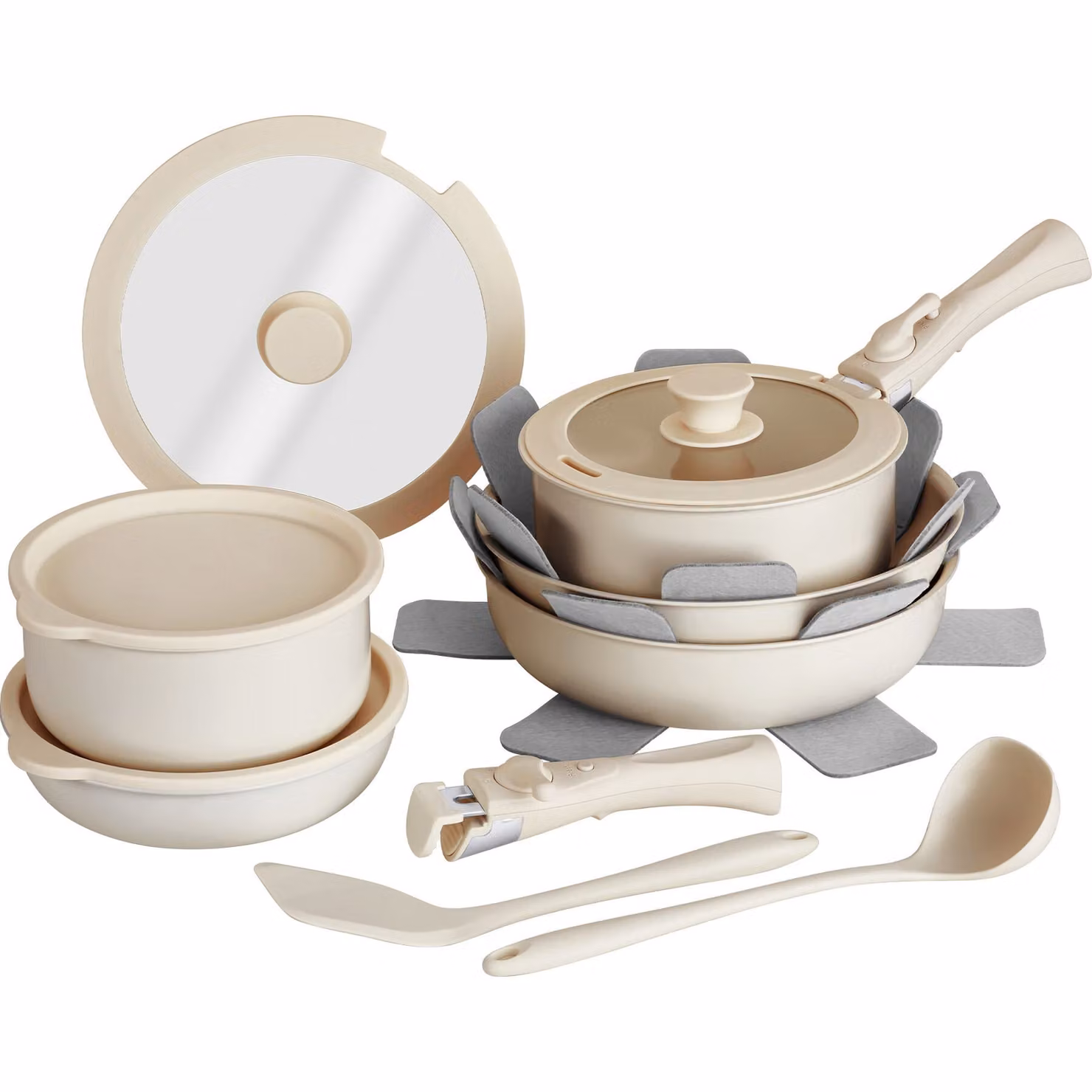 Set di pentole e padelle tectake 16 pezzi in ceramica bianca con coperchi in vetro, adatto per induzione – 2